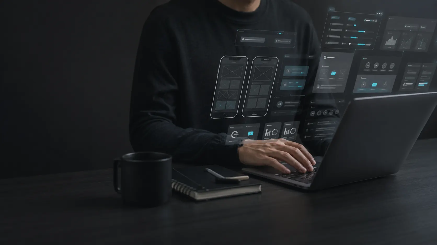 Premium technology workspace showing digital systems, dashboards, and devices